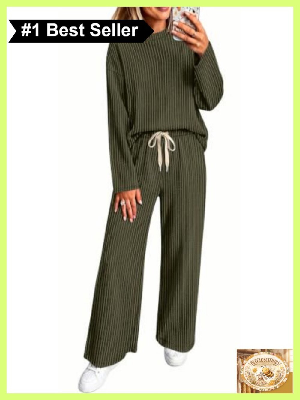 Ribbed Knit Two Piece Lounge Set Crewneck Top Drawstring Pants